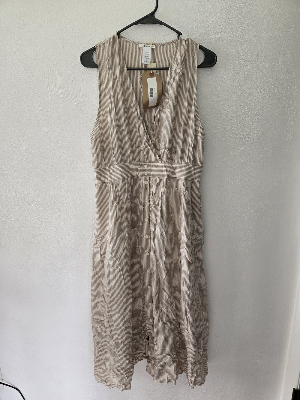 Esley Tan And White Striped Sleeveless Button-Front Midi Dress
